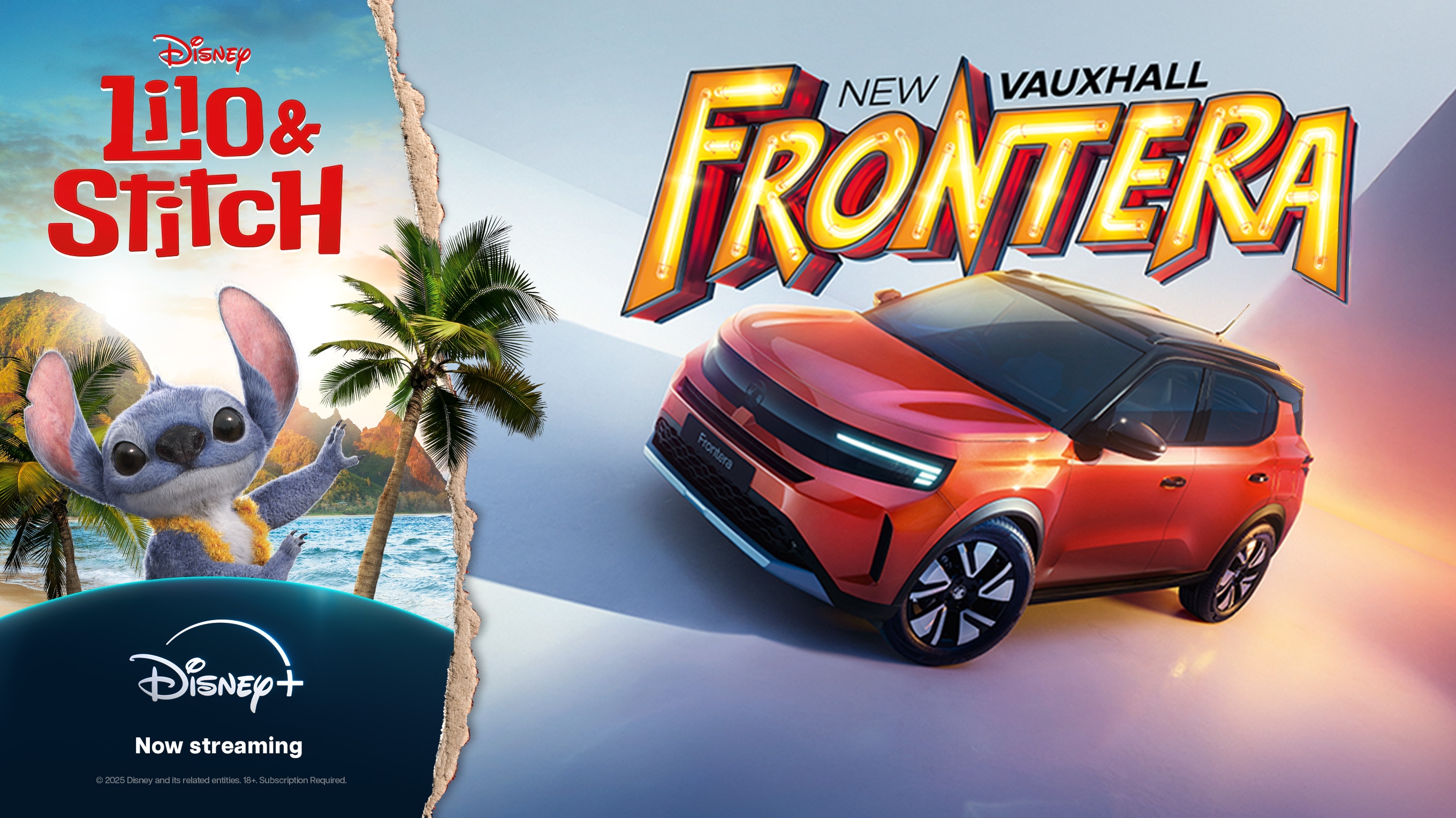 Vauxhall Frontera with Disney+ promotion, showcasing a sleek design and family-friendly feature